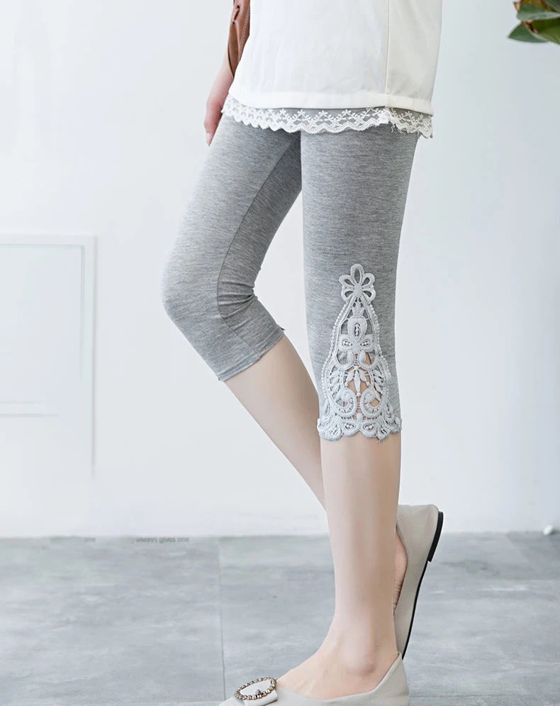 Women Summer Hollow Lace Stretch Leggings Sports Fitness Skinny Pants Crop 3/4 Length Leggings Capris Cropped Modal Pant