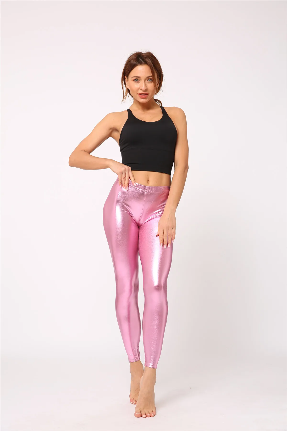 Ladies Silver Metallic Shiny Laser Leather Leggings Women Candy Color