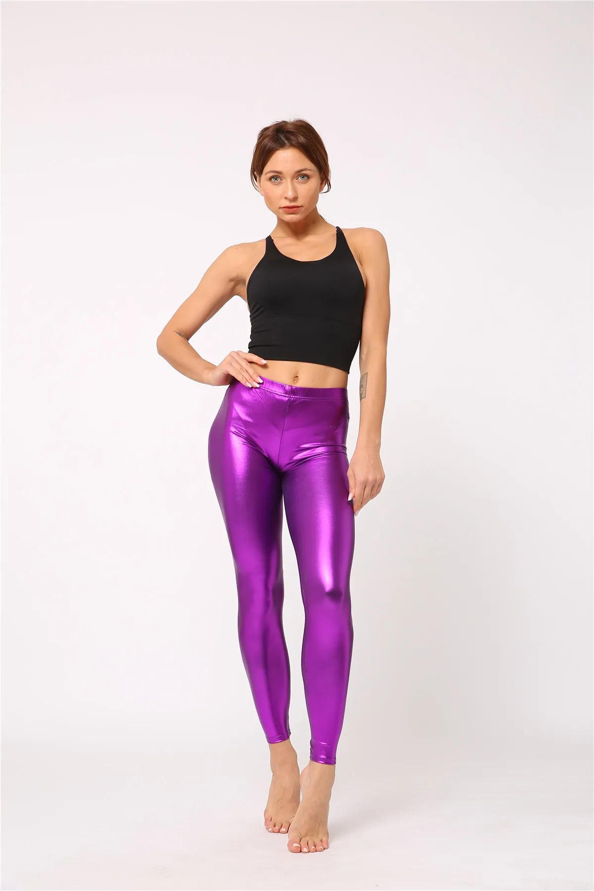 Ladies Silver Metallic Shiny Laser Leather Leggings Women Candy Color