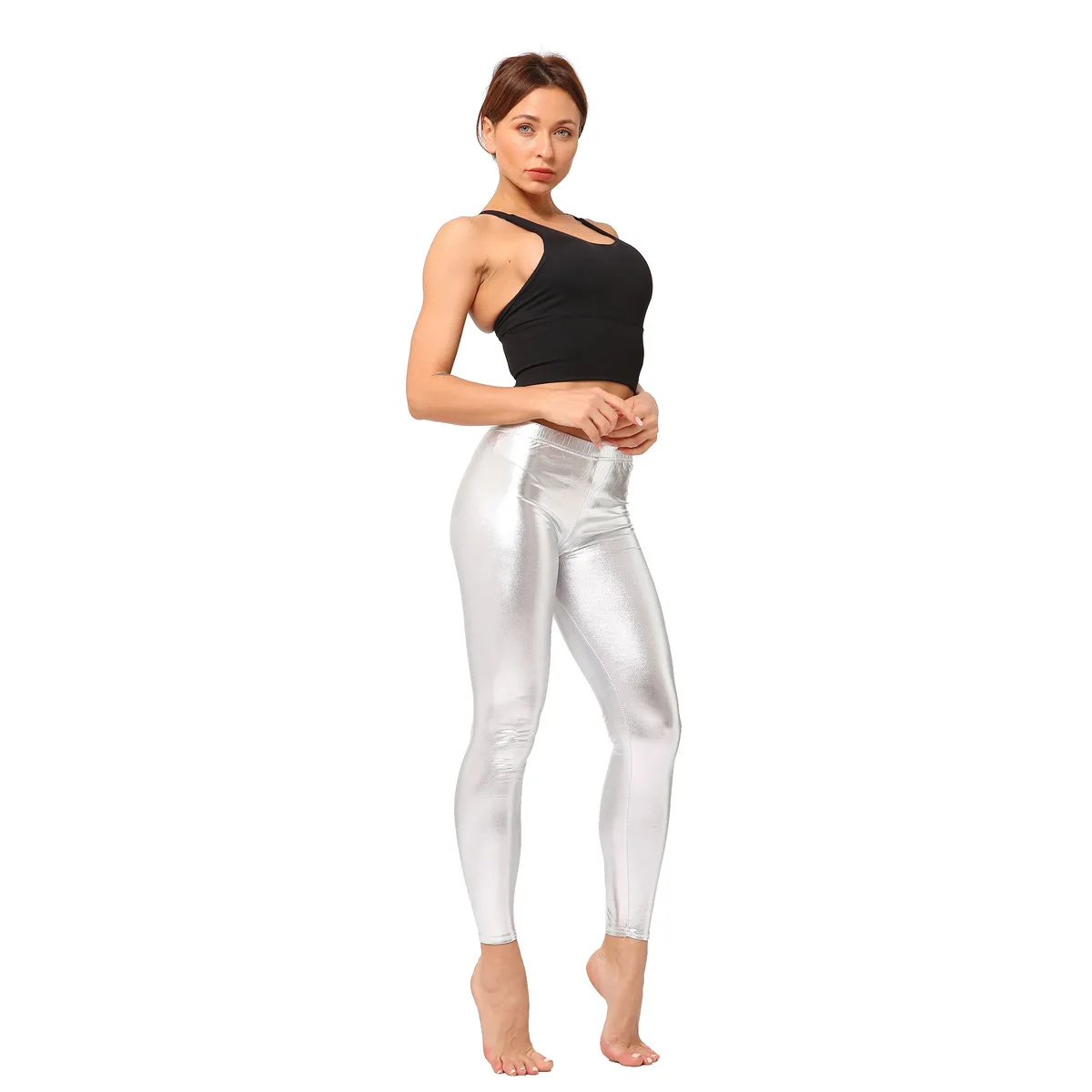 Ladies Silver Metallic Shiny Laser Leather Leggings Women Candy Color