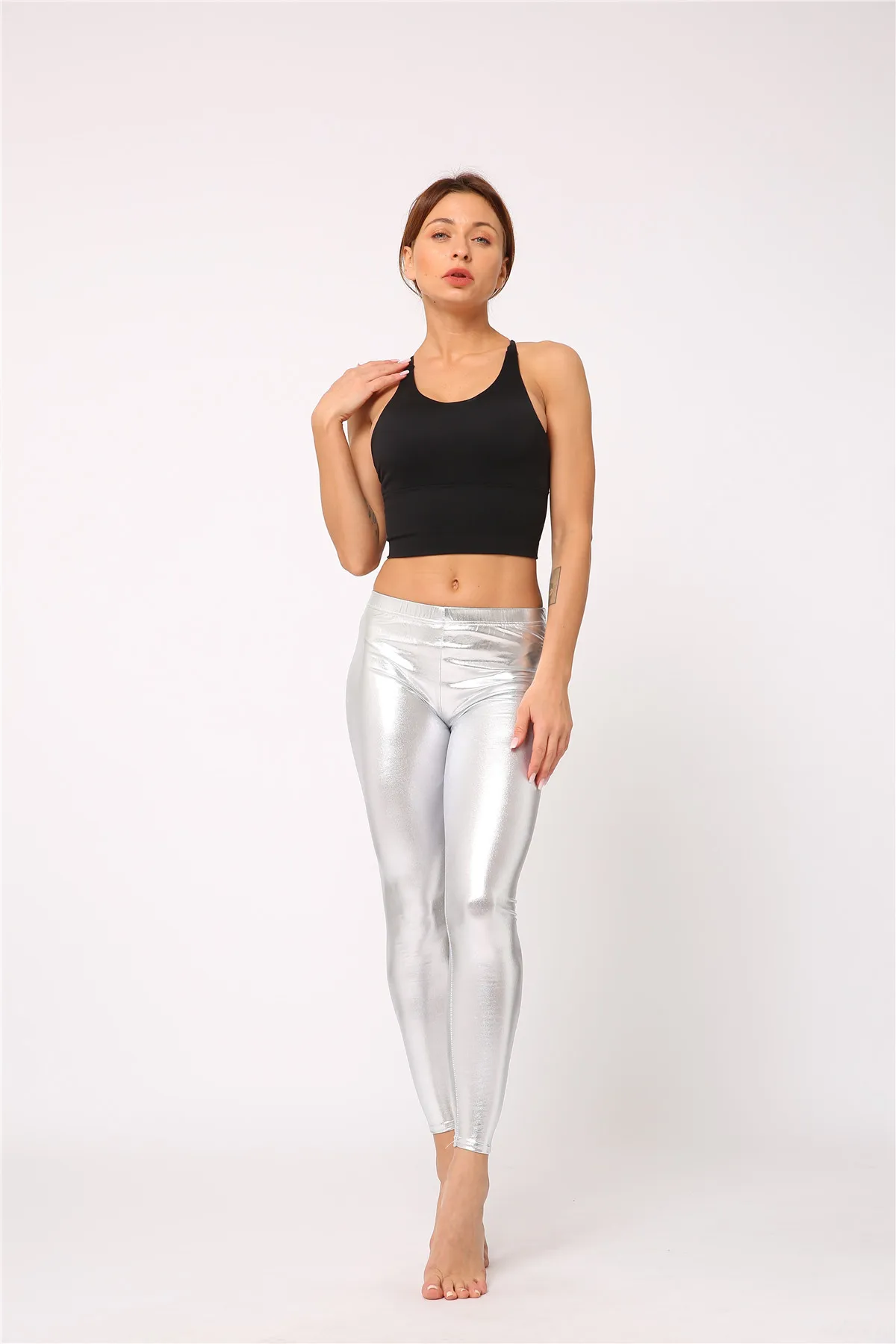 Ladies Silver Metallic Shiny Laser Leather Leggings Women Candy Color