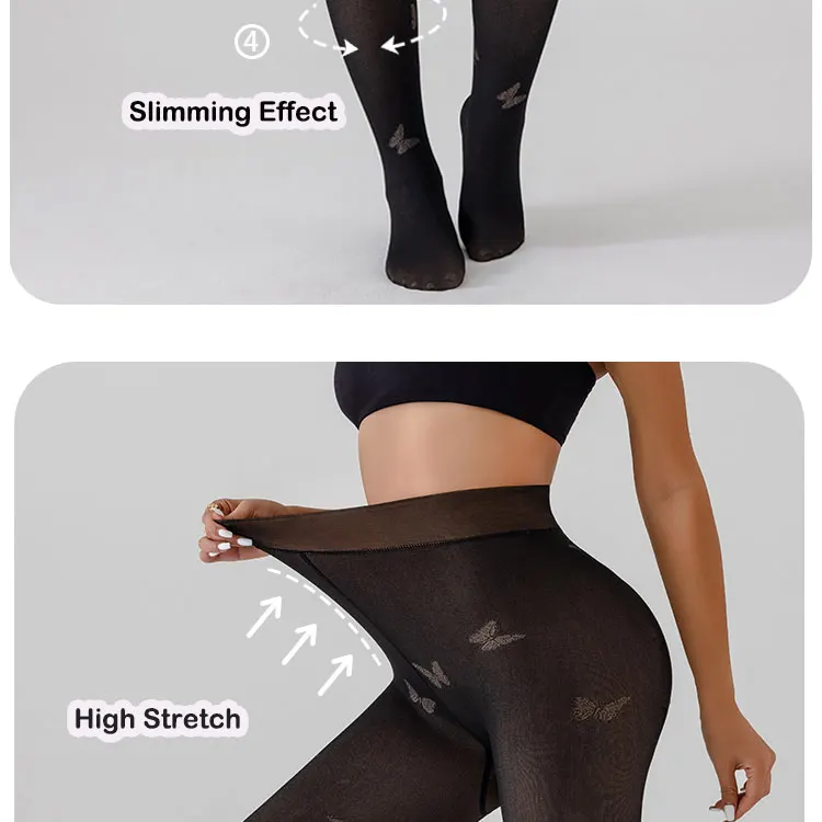 2 Packs Women Fleece Lined Leggings Outfit Fake Translucent Black Tights Seamless Pantyhose Butterfly Leopard Jacquard Design