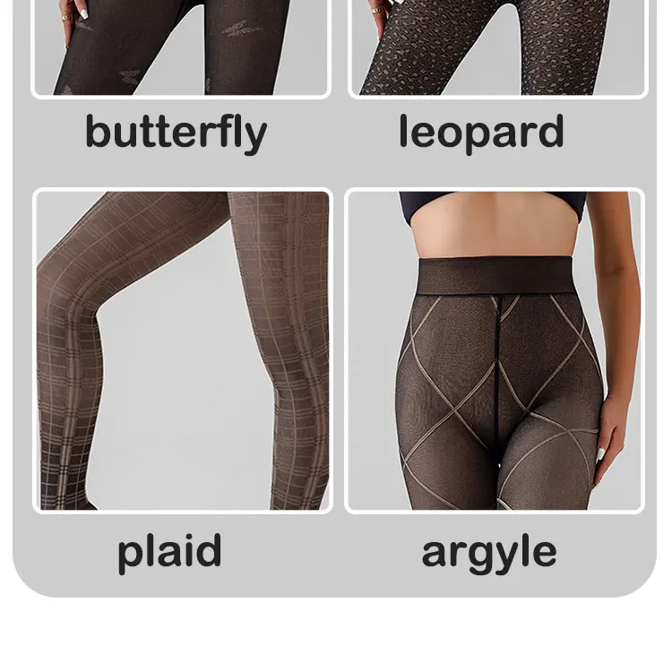 2 Packs Women Fleece Lined Leggings Outfit Fake Translucent Black Tights Seamless Pantyhose Butterfly Leopard Jacquard Design