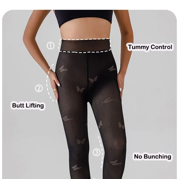 2 Packs Women Fleece Lined Leggings Outfit Fake Translucent Black Tights Seamless Pantyhose Butterfly Leopard Jacquard Design