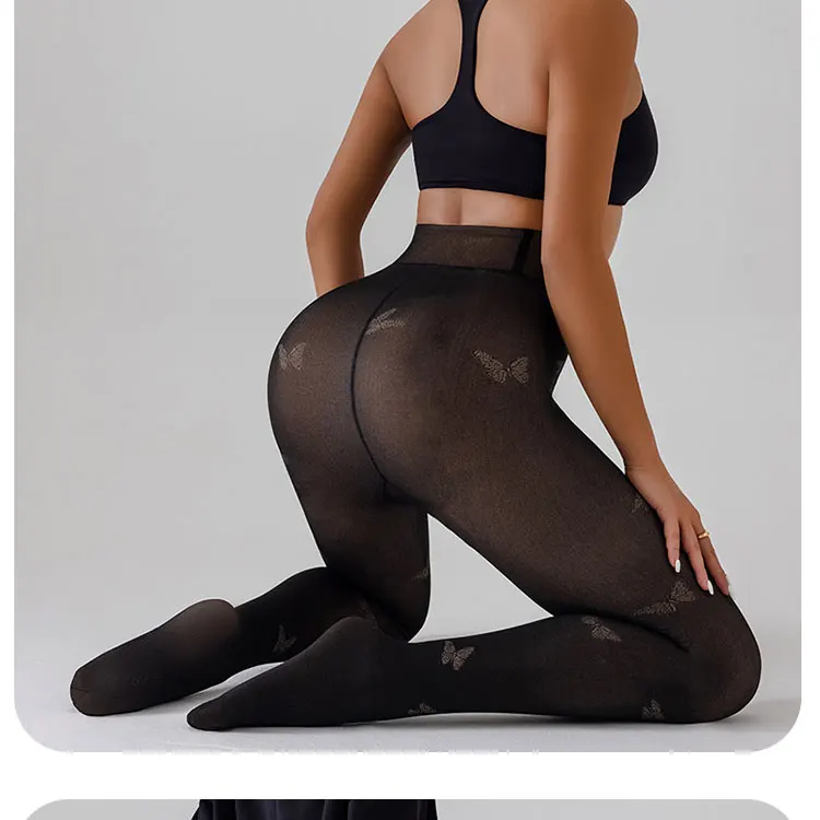 2 Packs Women Fleece Lined Leggings Outfit Fake Translucent Black Tights Seamless Pantyhose Butterfly Leopard Jacquard Design
