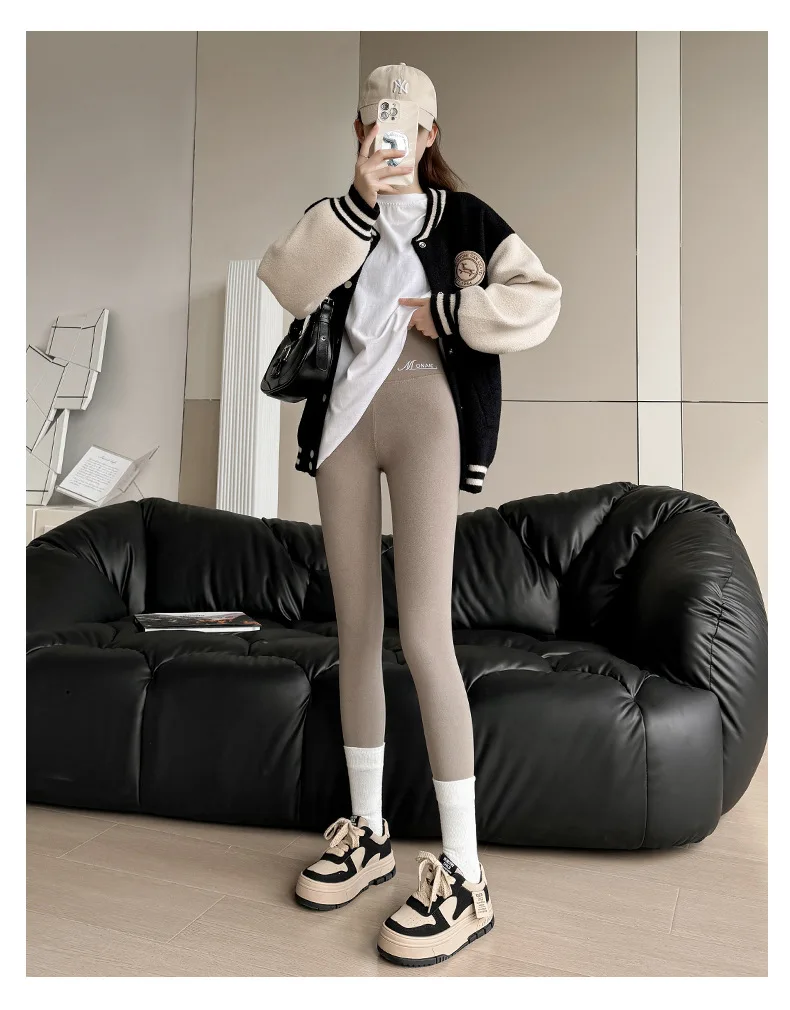Winter Cashmere Leggings Women Solid Warm Leggings High Waist Slim Stretchy Pants Big Size Adding Velvet and Thickening Pants