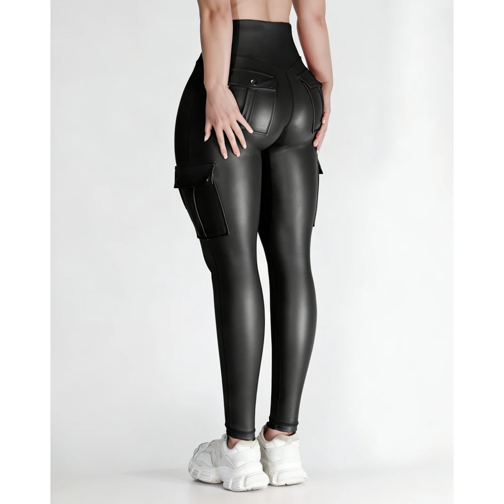 Sexy Cargo Pockets Faux Leather Leggings for Women Shaping High Waist Slimming Exercise Pants Running Yoga Sports Christmas Gift