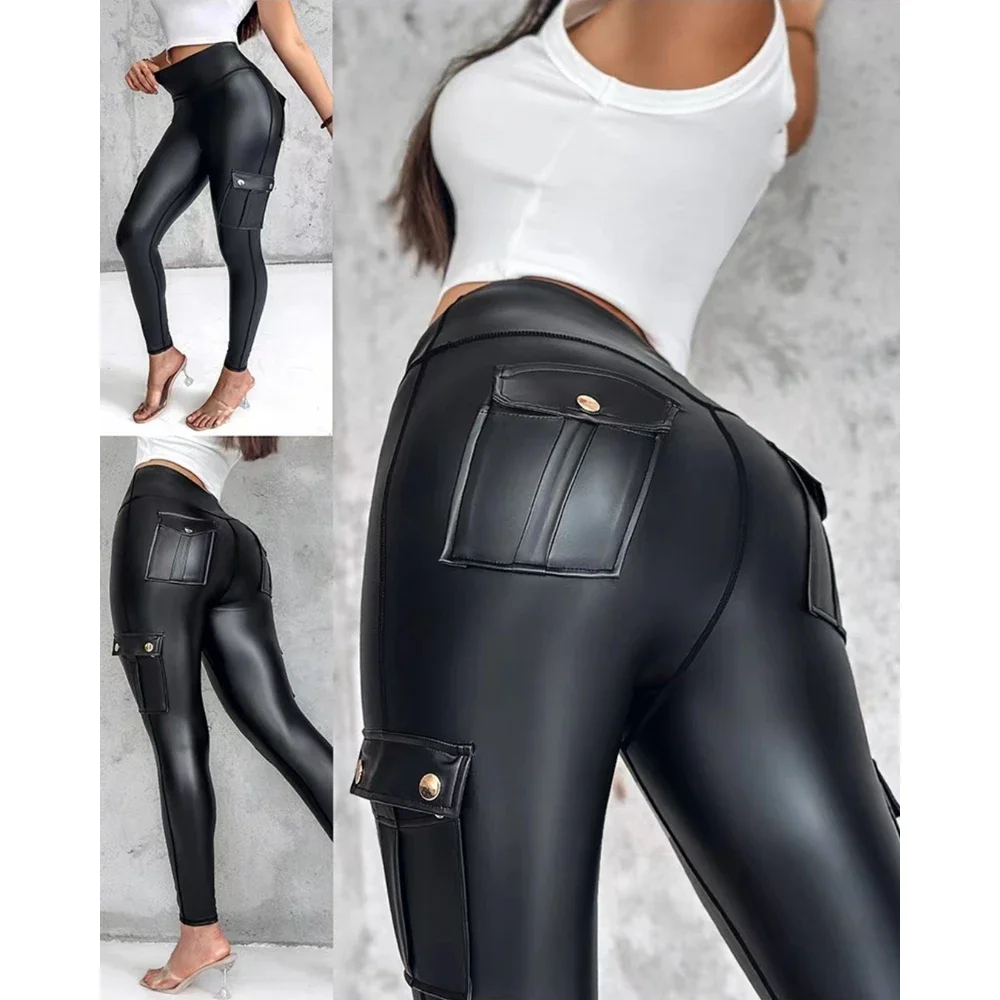 Sexy Cargo Pockets Faux Leather Leggings for Women Shaping High Waist Slimming Exercise Pants Running Yoga Sports Christmas Gift