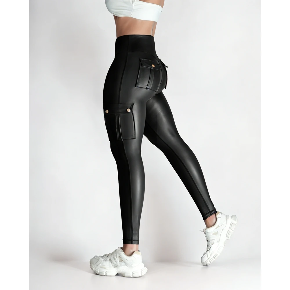 Sexy Cargo Pockets Faux Leather Leggings for Women Shaping High Waist Slimming Exercise Pants Running Yoga Sports Christmas Gift