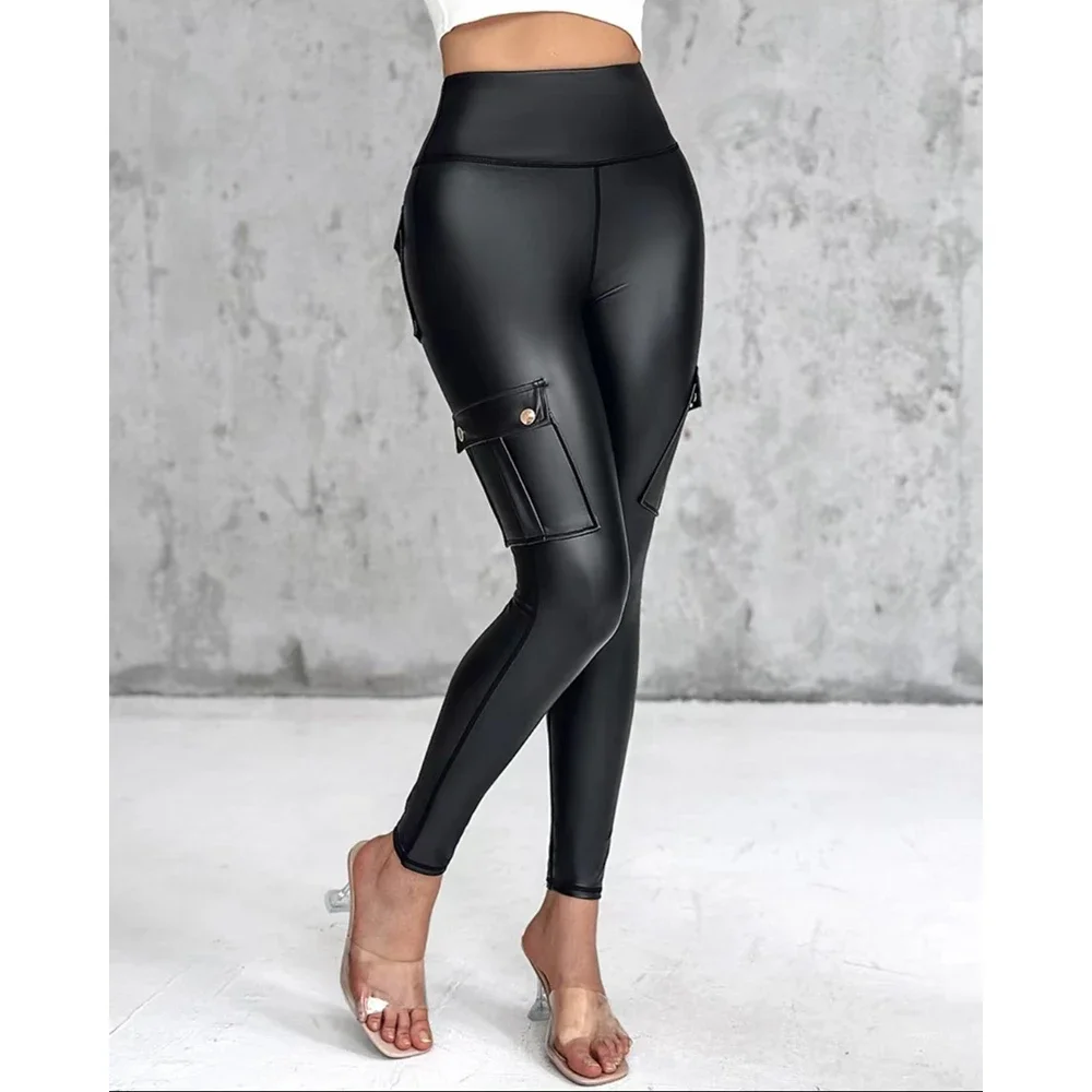 Sexy Cargo Pockets Faux Leather Leggings for Women Shaping High Waist Slimming Exercise Pants Running Yoga Sports Christmas Gift