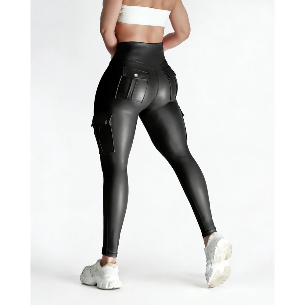 Sexy Cargo Pockets Faux Leather Leggings for Women Shaping High Waist Slimming Exercise Pants Running Yoga Sports Christmas Gift