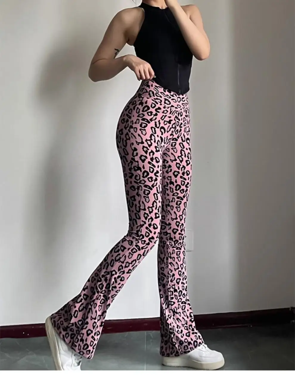 BIVIGAOS Spring Summer Leopard Print Flared Leggings Women Sharkskin High Waist Tight Sport Pilates Sexy Fitness Horseshoe Pants