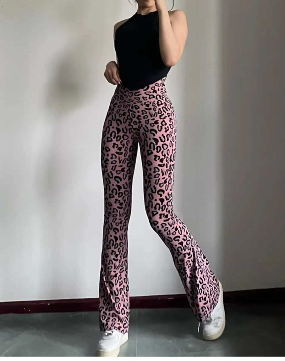 BIVIGAOS Spring Summer Leopard Print Flared Leggings Women Sharkskin High Waist Tight Sport Pilates Sexy Fitness Horseshoe Pants