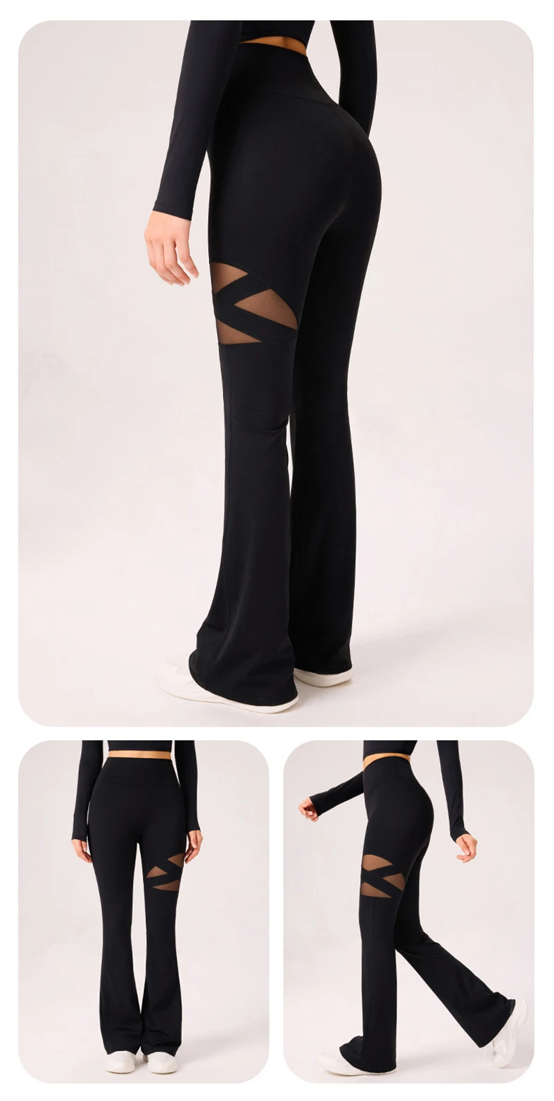 Gym Workout Flare Pants Women Mesh Hollow Out Yoga Pilates Butt Lifting Leggings Fashion High Waist Slim Design Sports Trousers