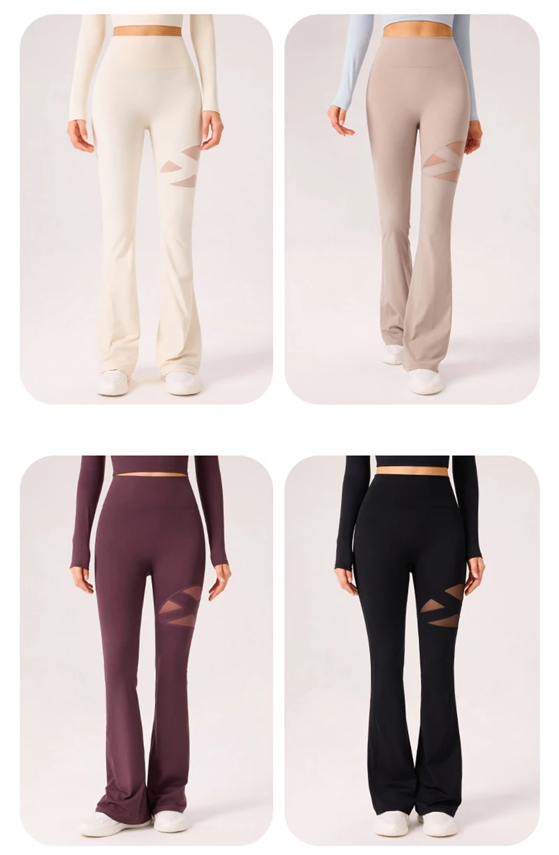 Gym Workout Flare Pants Women Mesh Hollow Out Yoga Pilates Butt Lifting Leggings Fashion High Waist Slim Design Sports Trousers