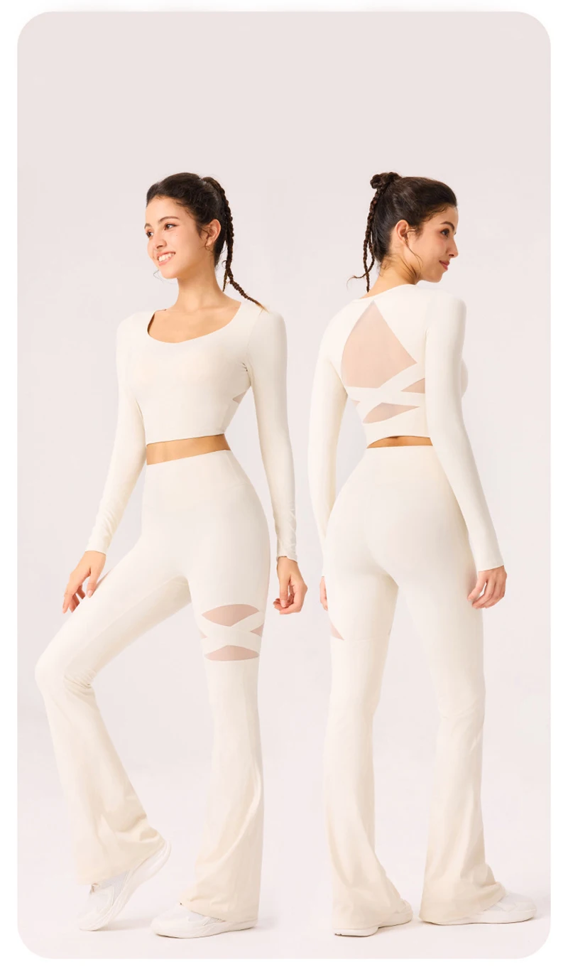 Gym Workout Flare Pants Women Mesh Hollow Out Yoga Pilates Butt Lifting Leggings Fashion High Waist Slim Design Sports Trousers