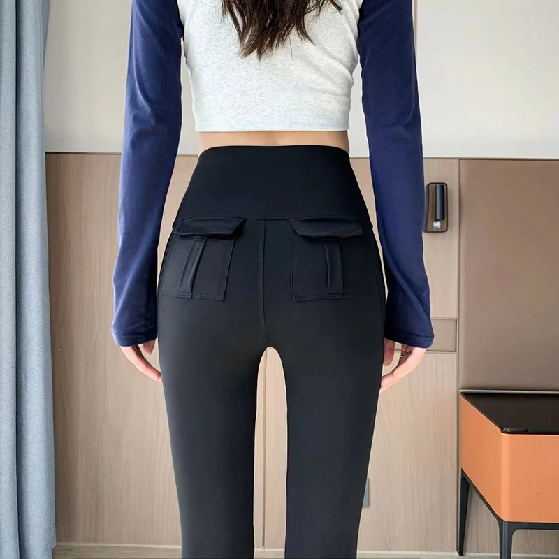 BIVIGAOS Spring Summer New Pocket Sharkskin Cargo Leggings Women High Waist Tight-Fit Elastic Sexy Fitness Sport Leggings