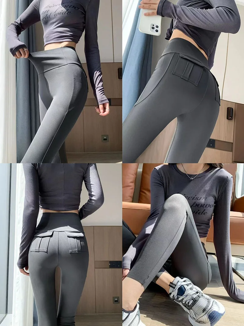 BIVIGAOS Spring Summer New Pocket Sharkskin Cargo Leggings Women High Waist Tight-Fit Elastic Sexy Fitness Sport Leggings