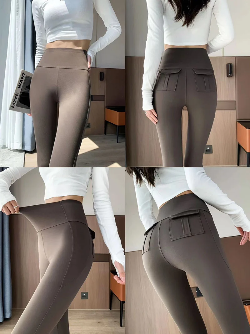 BIVIGAOS Spring Summer New Pocket Sharkskin Cargo Leggings Women High Waist Tight-Fit Elastic Sexy Fitness Sport Leggings