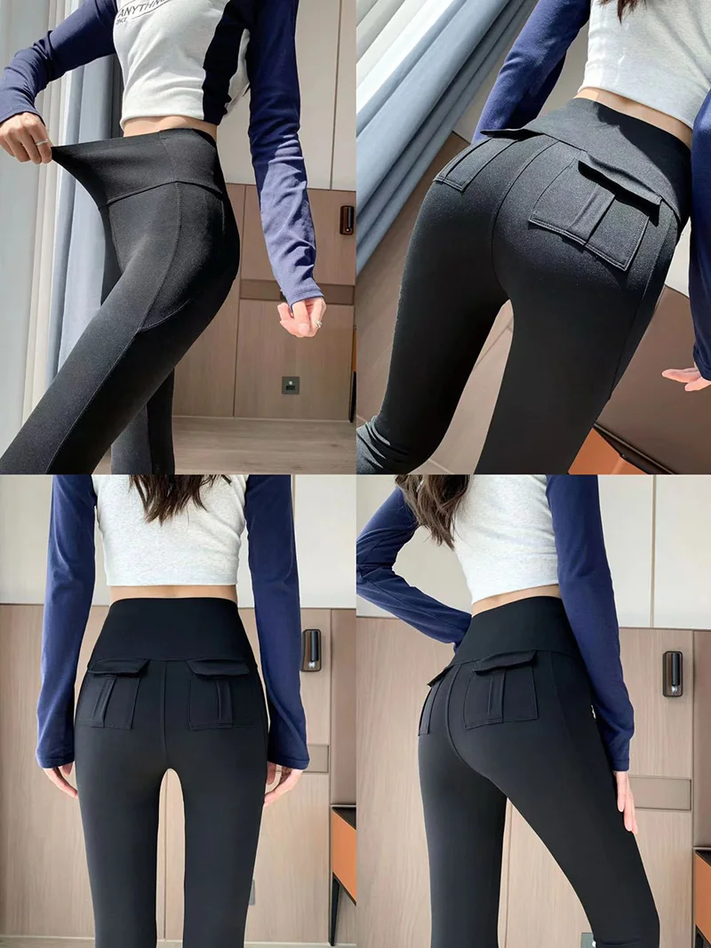 BIVIGAOS Spring Summer New Pocket Sharkskin Cargo Leggings Women High Waist Tight-Fit Elastic Sexy Fitness Sport Leggings