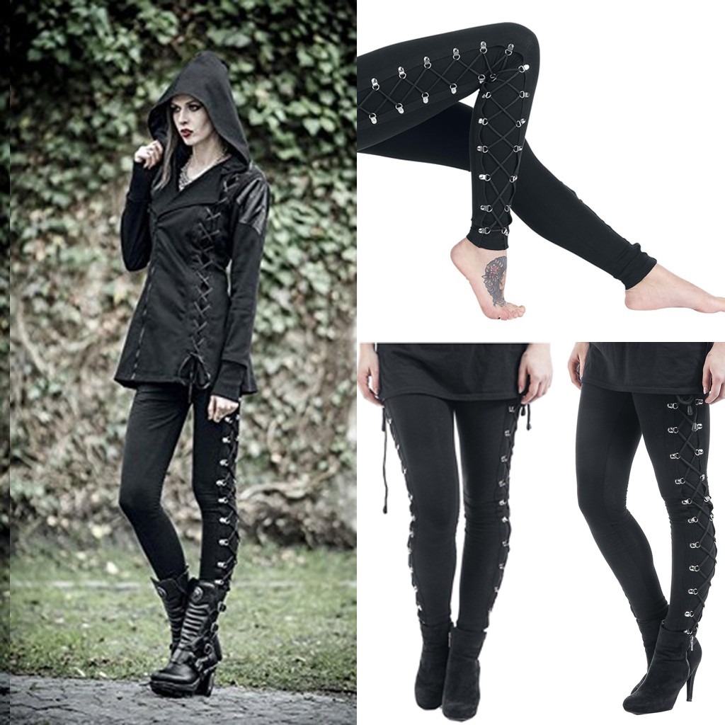 Gothic Leggings Black Vintage Women Punk Lace Up Bottoms Steampunk Pants Leggins Mujer Women Long Pencil Pants Trousers лосины