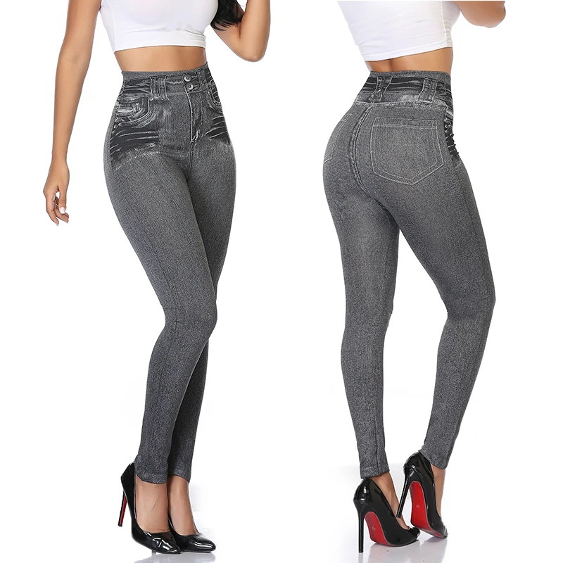 Women Jeggings Faux Denim Jeans Leggings High Waisted Tummy Control Slim Leggins Printed Pencil Pants Seamless Skinny Trousers