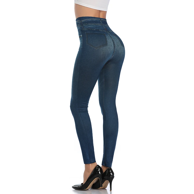 Women Jeggings Faux Denim Jeans Leggings High Waisted Tummy Control Slim Leggins Printed Pencil Pants Seamless Skinny Trousers