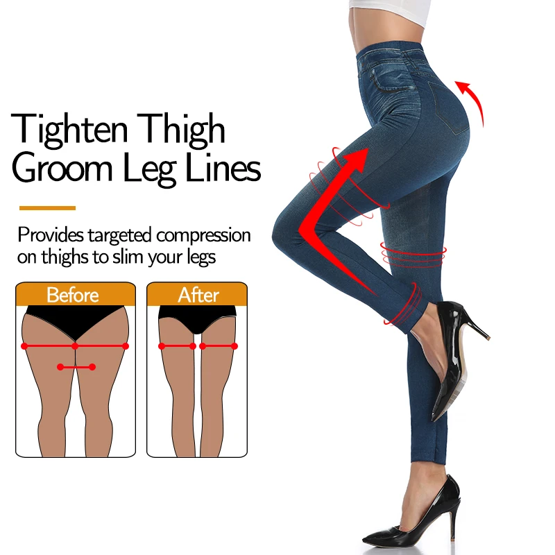 Women Jeggings Faux Denim Jeans Leggings High Waisted Tummy Control Slim Leggins Printed Pencil Pants Seamless Skinny Trousers