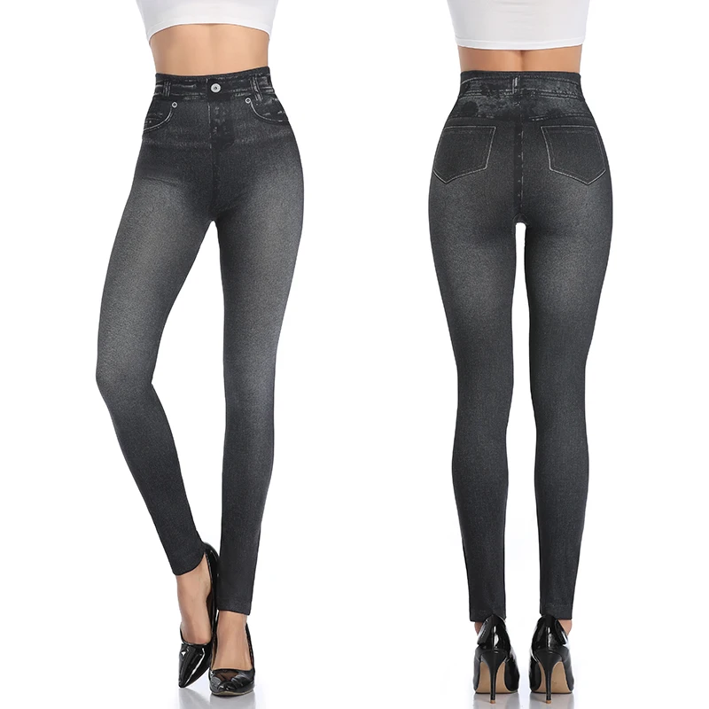 Women Jeggings Faux Denim Jeans Leggings High Waisted Tummy Control Slim Leggins Printed Pencil Pants Seamless Skinny Trousers
