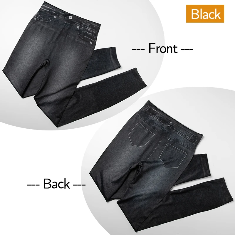 Women Jeggings Faux Denim Jeans Leggings High Waisted Tummy Control Slim Leggins Printed Pencil Pants Seamless Skinny Trousers