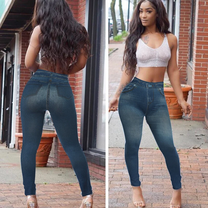 Women Jeggings Faux Denim Jeans Leggings High Waisted Tummy Control Slim Leggins Printed Pencil Pants Seamless Skinny Trousers