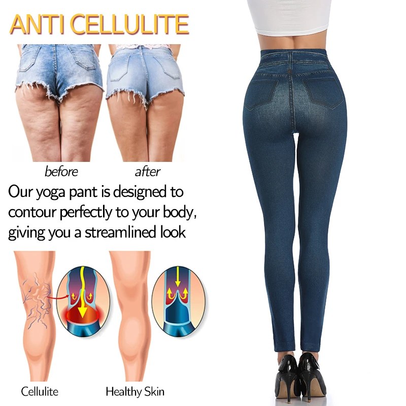 Women Jeggings Faux Denim Jeans Leggings High Waisted Tummy Control Slim Leggins Printed Pencil Pants Seamless Skinny Trousers