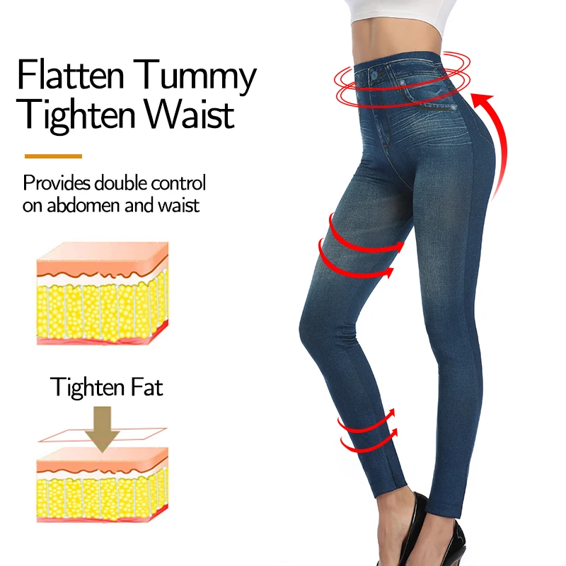 Women Jeggings Faux Denim Jeans Leggings High Waisted Tummy Control Slim Leggins Printed Pencil Pants Seamless Skinny Trousers