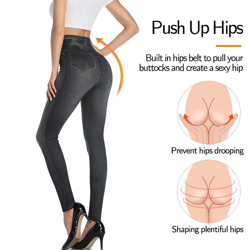 Women Jeggings Faux Denim Jeans Leggings High Waisted Tummy Control Slim Leggins Printed Pencil Pants Seamless Skinny Trousers