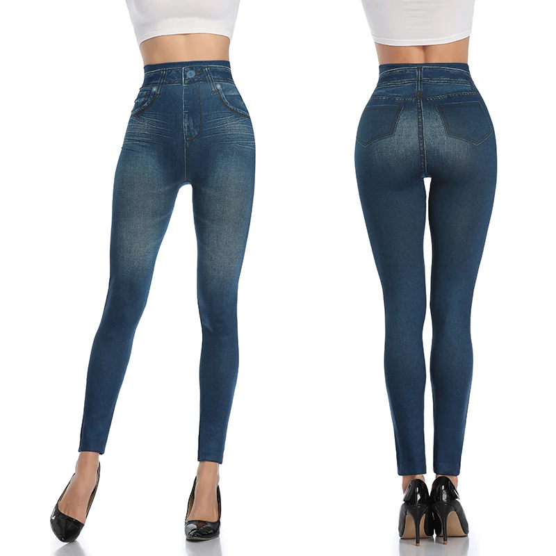 Women Jeggings Faux Denim Jeans Leggings High Waisted Tummy Control Slim Leggins Printed Pencil Pants Seamless Skinny Trousers