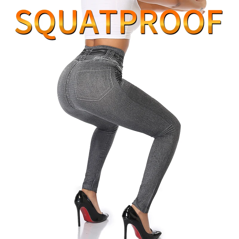 Women Jeggings Faux Denim Jeans Leggings High Waisted Tummy Control Slim Leggins Printed Pencil Pants Seamless Skinny Trousers