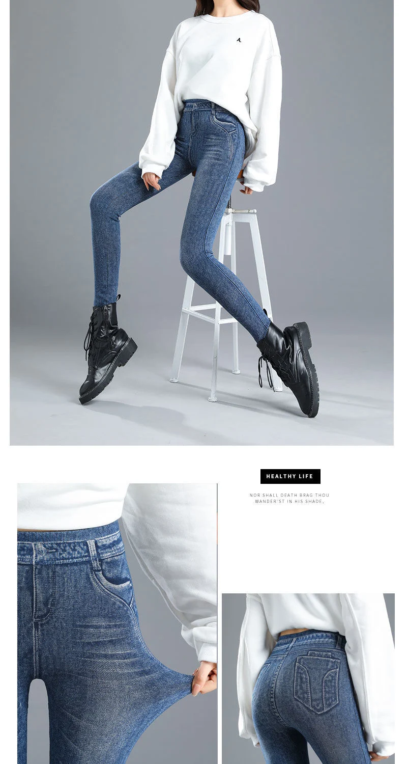 Fake Pocket Print Imitation Denim Leggings Women Skinny High Waist Pencil Pants Sexy Slim Pantalones Hip Lift Stretch Trousers