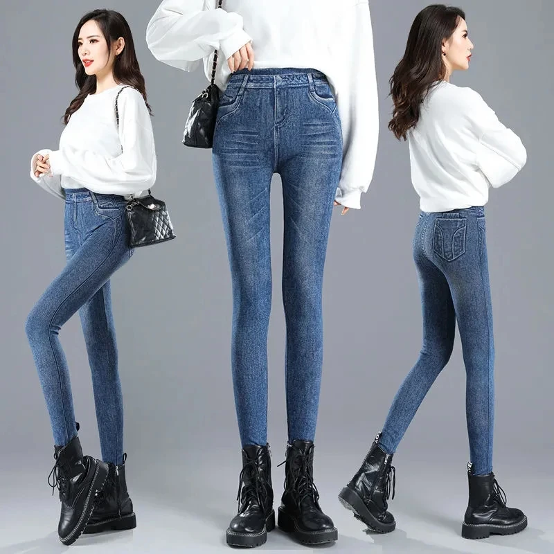 Fake Pocket Print Imitation Denim Leggings Women Skinny High Waist Pencil Pants Sexy Slim Pantalones Hip Lift Stretch Trousers