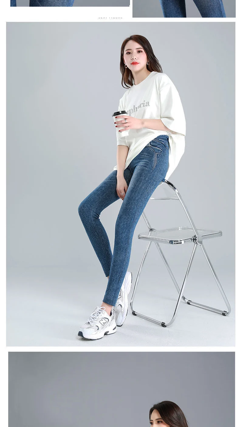 Fake Pocket Print Imitation Denim Leggings Women Skinny High Waist Pencil Pants Sexy Slim Pantalones Hip Lift Stretch Trousers