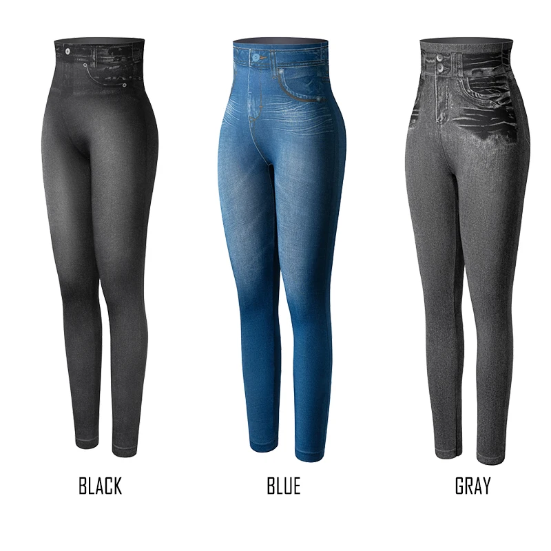 Women Gym Leggings Faux Denim Jeans Leggings Pocket Printing Leggings Casual High Waist Pencil Pants Slimming Push Up Pants