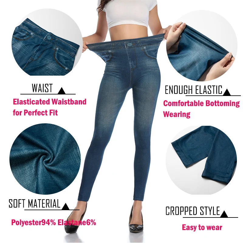 Women Gym Leggings Faux Denim Jeans Leggings Pocket Printing Leggings Casual High Waist Pencil Pants Slimming Push Up Pants