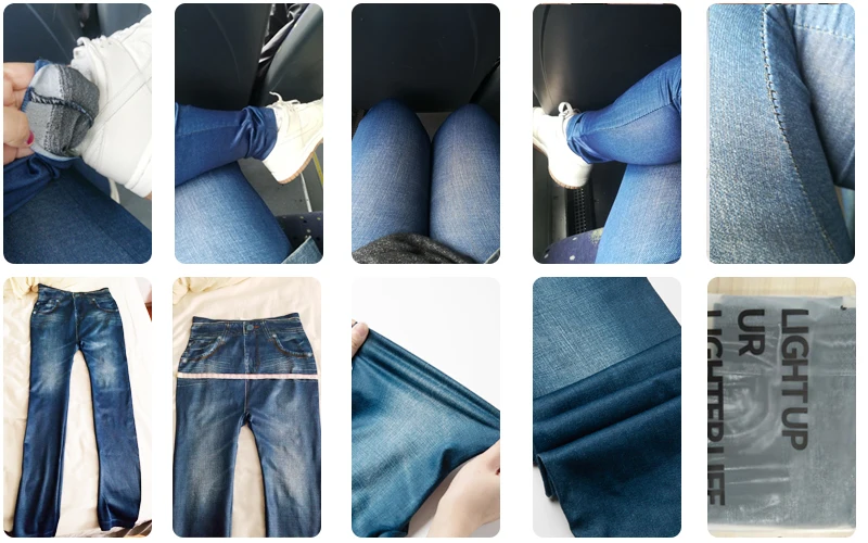 Women Gym Leggings Faux Denim Jeans Leggings Pocket Printing Leggings Casual High Waist Pencil Pants Slimming Push Up Pants