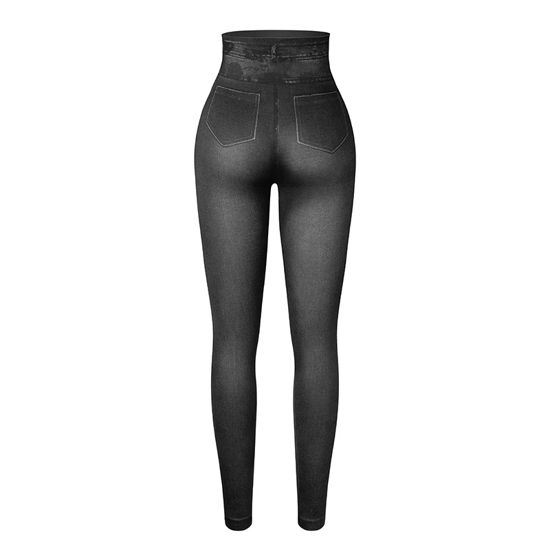 Women Gym Leggings Faux Denim Jeans Leggings Pocket Printing Leggings Casual High Waist Pencil Pants Slimming Push Up Pants
