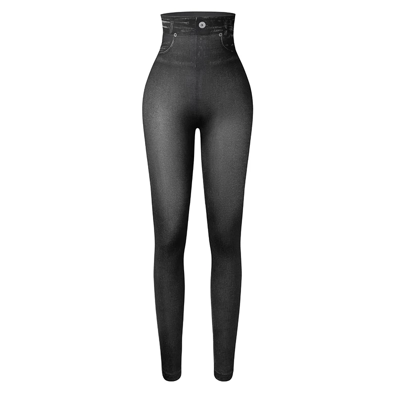 Women Gym Leggings Faux Denim Jeans Leggings Pocket Printing Leggings Casual High Waist Pencil Pants Slimming Push Up Pants