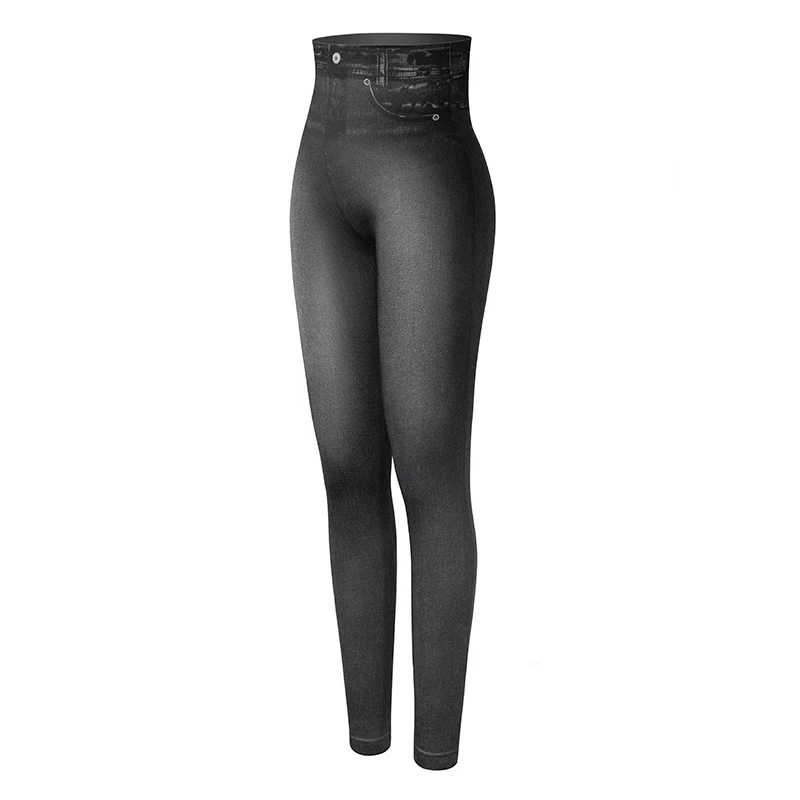 Women Gym Leggings Faux Denim Jeans Leggings Pocket Printing Leggings Casual High Waist Pencil Pants Slimming Push Up Pants