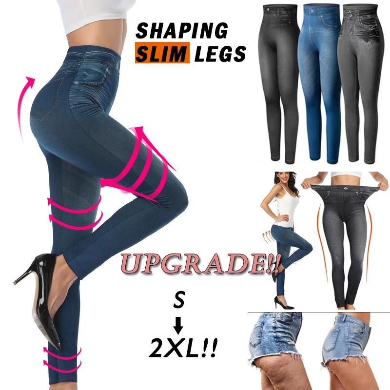 Women Gym Leggings Faux Denim Jeans Leggings Pocket Printing Leggings Casual High Waist Pencil Pants Slimming Push Up Pants