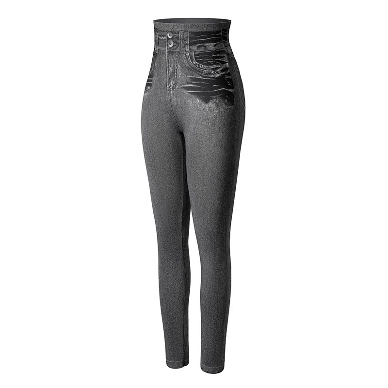 Women Gym Leggings Faux Denim Jeans Leggings Pocket Printing Leggings Casual High Waist Pencil Pants Slimming Push Up Pants