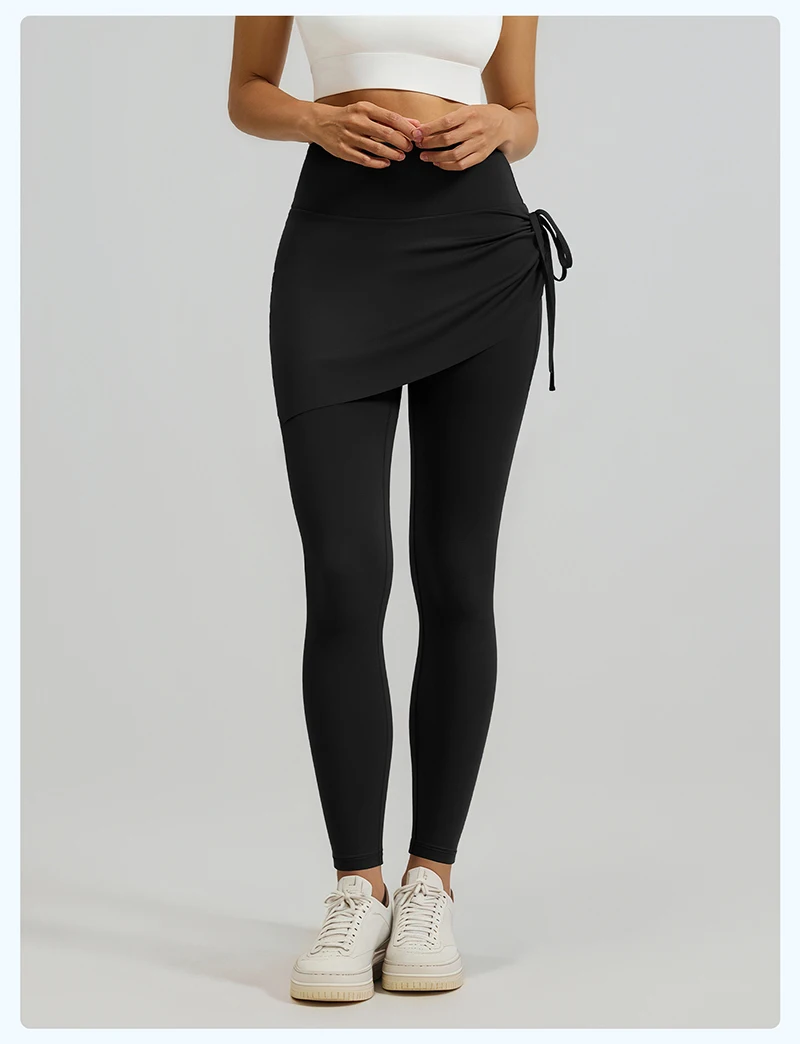 BIVIGAOS New Spring Drawstring Pleated Yoga Leggings Skirt Pants Fake Two Piece Women High Waist Elastic Sports Fitness Leggings