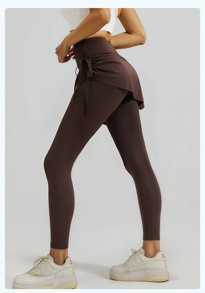 BIVIGAOS New Spring Drawstring Pleated Yoga Leggings Skirt Pants Fake Two Piece Women High Waist Elastic Sports Fitness Leggings