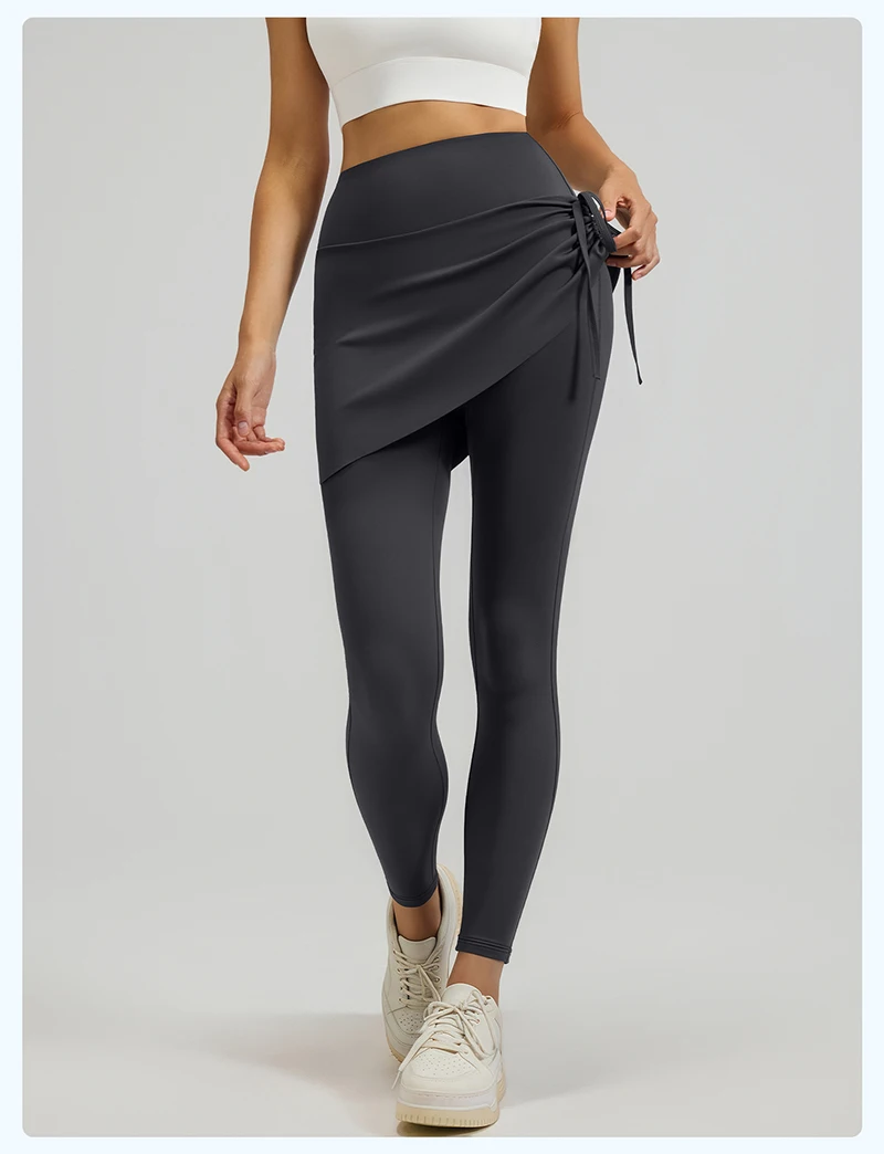 BIVIGAOS New Spring Drawstring Pleated Yoga Leggings Skirt Pants Fake Two Piece Women High Waist Elastic Sports Fitness Leggings